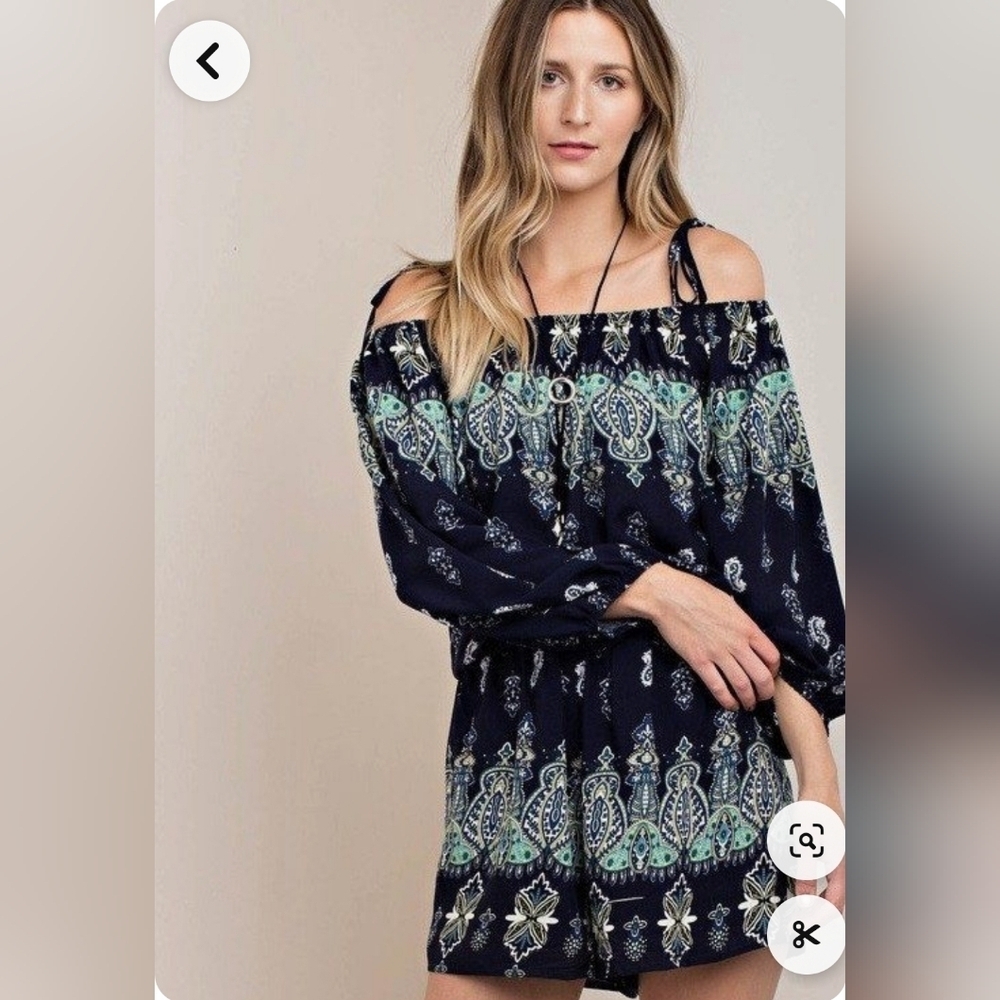 Kori America White Navy Blue Romper Off The Shoulder Tie Paisley Rayon Sz M